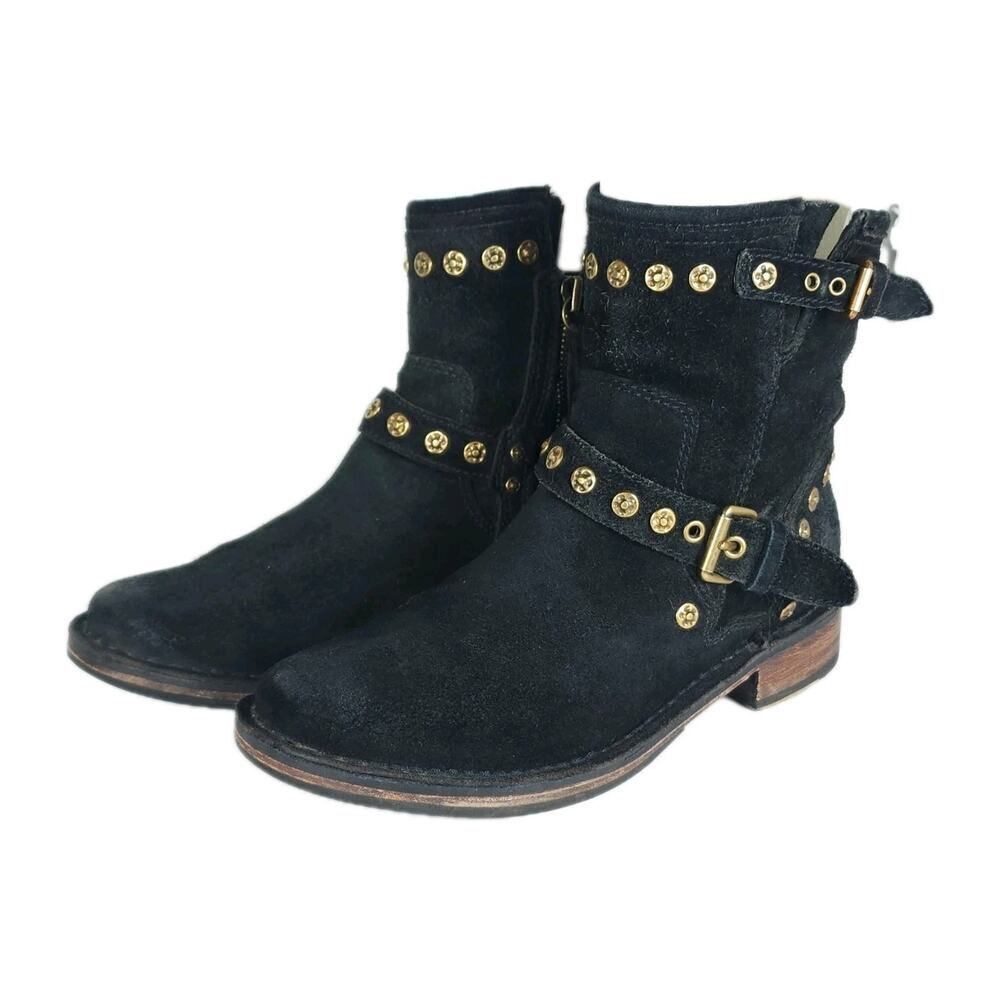 UGG Women's Fabrizia US6 Black Suede Sheepskin Lined Zip Studded Biker Boots